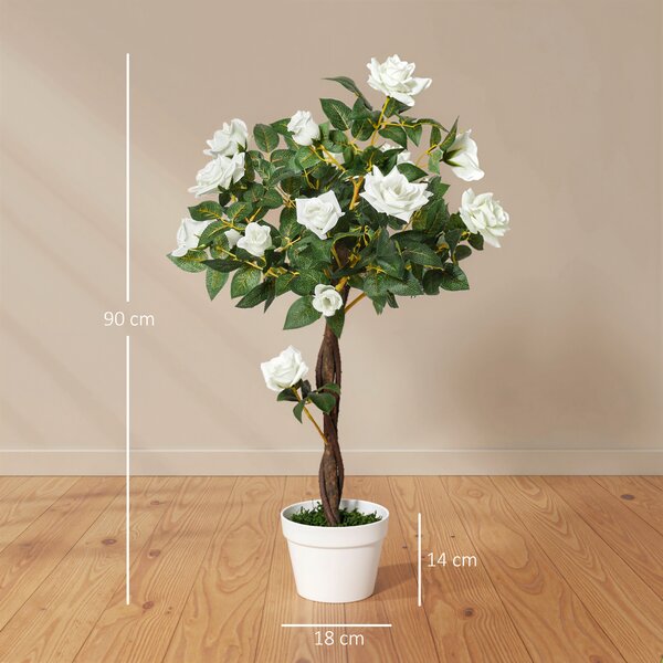 Outsunny Camelia Alberello Artificiale con 21 Fiori e Vaso, Pianta Finta Interno ed Esterno Alta 90cm, Bianco e Verde|Aosom