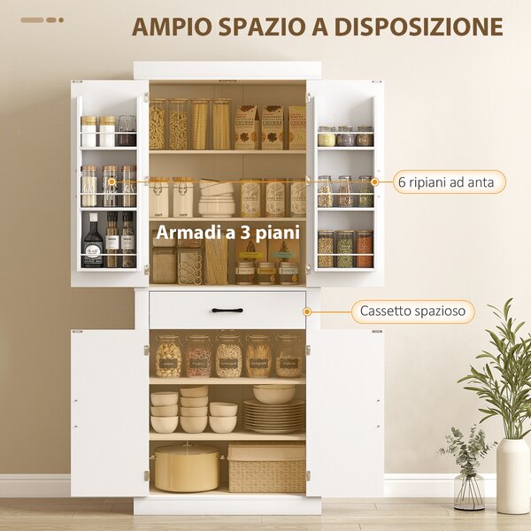 HOMCOM Dispensa Cucina in stile Country con 2 Armadietti, 6 Ripiani e Cassetto, in Legno, 76x39.5x183.5 cm, Bianco | Aosom Italy
