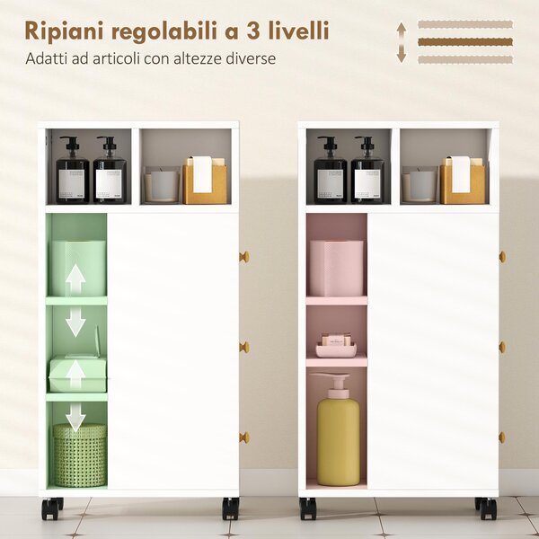 HOMCOM Mobiletto Bagno Salvaspazio con Ruote, 3 Cassetti e 5 Vani con Ripiani Regolabili, 20x40x80 cm, Bianco | Aosom Italy