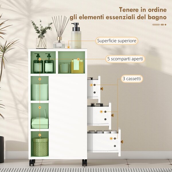HOMCOM Mobiletto Bagno Salvaspazio con Ruote, 3 Cassetti e 5 Vani con Ripiani Regolabili, 20x40x80 cm, Bianco | Aosom Italy