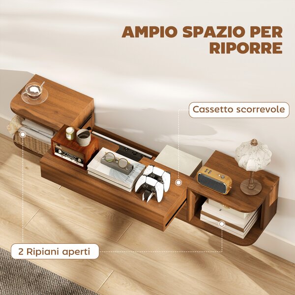 HOMCOM Mobile Porta TV fino 50" Sospeso con Prese di Corrente, USB e Tipo C, Cassetto e Ripiani, 120x24x22.4 cm, Noce | Aosom Italy