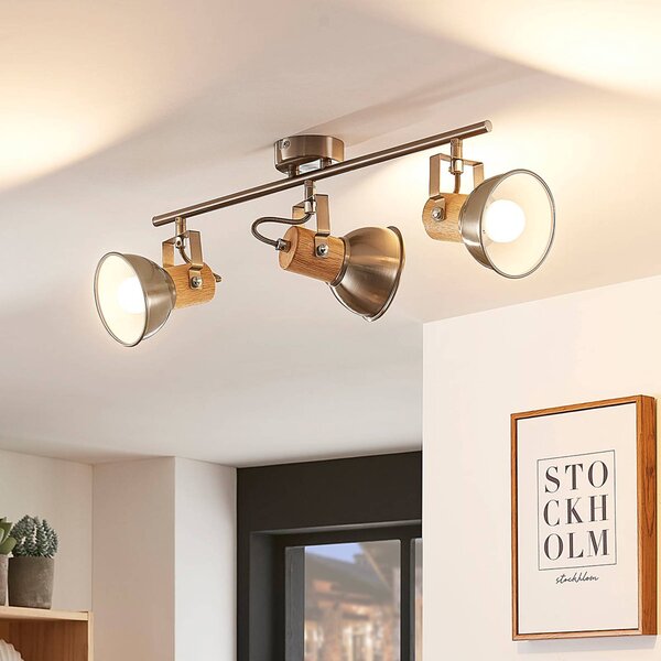 Plafoniera Dennis con legno, 3 luci, lunga Lindby, dimmerabile, Alluminio / Grigio / Zincato, Cucina, Metallo, Moderno, Faretto