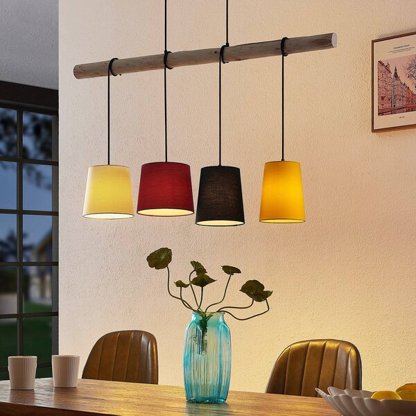 Lampada a sospensione Hinai Lindby, dimmerabile, Legno chiaro, Soggiorno / Sala da pranzo, Tessuto / Stoffa / Seta, Scandinavo, Lampada a sospensione