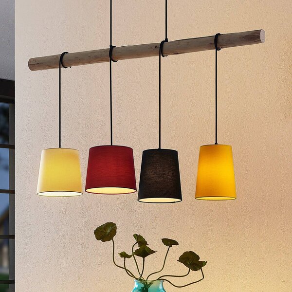 Lampada a sospensione Hinai Lindby, dimmerabile, Legno chiaro, Soggiorno / Sala da pranzo, Tessuto / Stoffa / Seta, Scandinavo, Lampada a sospensione