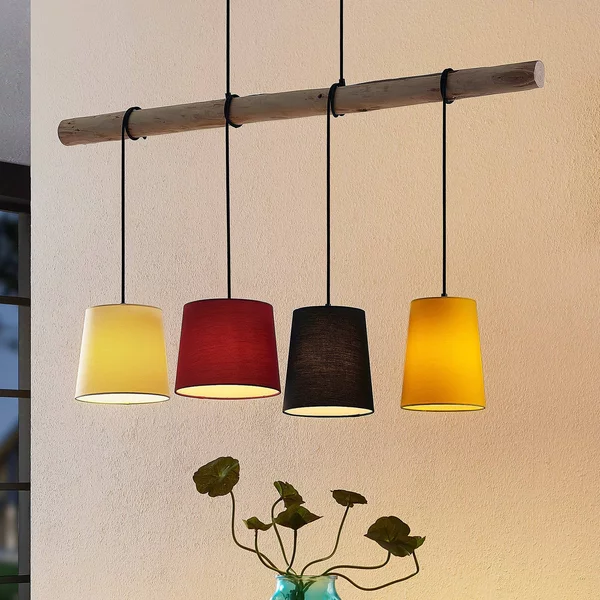 Lampada a sospensione Hinai Lindby, dimmerabile, Legno chiaro, Soggiorno / Sala da pranzo, Tessuto / Stoffa / Seta, Scandinavo, Lampada a sospensione