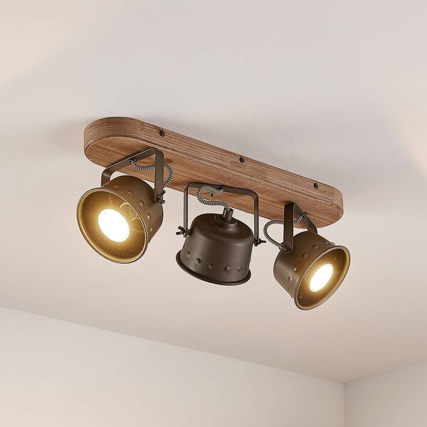 Faretto da soffitto Lindby Rubinjo, 45 cm, a 3 luci, in legno, GU10 Rubinjo Lindby, dimmerabile, Nero, Soggiorno / Sala da pranzo, Metallo, Vintage, Faretto alogeno