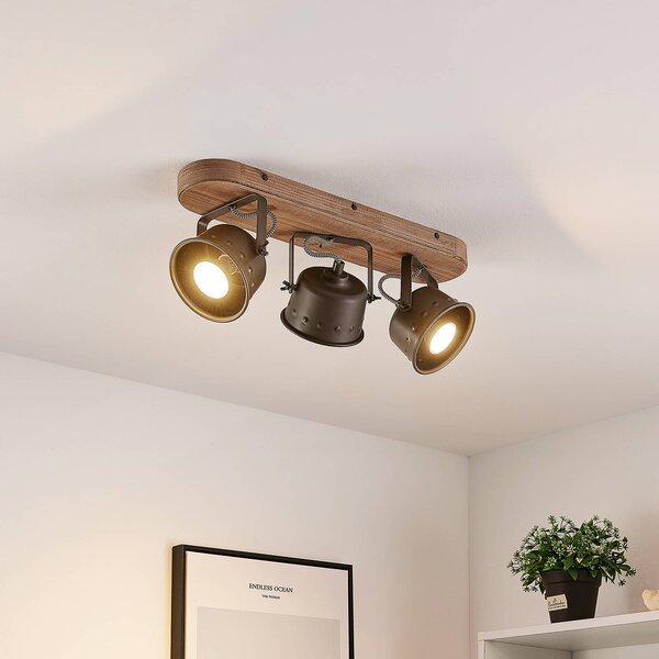 Faretto da soffitto Lindby Rubinjo, 45 cm, a 3 luci, in legno, GU10 Rubinjo Lindby, dimmerabile, Nero, Soggiorno / Sala da pranzo, Metallo, Vintage, Faretto alogeno
