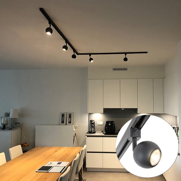 Sistema di illuminazione a binario moderno con 5 faretti neri monofase - Iconic Gissi