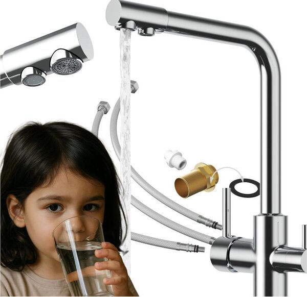 Granitan | Miscelatore da cucina Flow - Cromo - 3 vie - Con filtro - Bocca orientabile - Ingombro ridotto