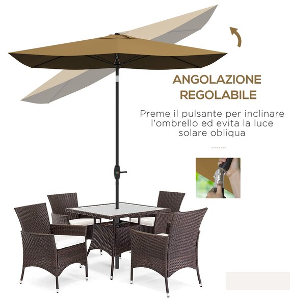 Outsunny Ombrellone da Giardino Rettangolare 3x2 m con Apertura a Manovella e Inclinabile, Caffè|Aosom