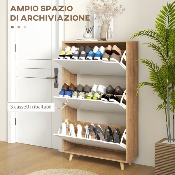 HOMCOM Mobile Scarpiera Salvaspazio a 3 Cassetti con Ripiano Regolabile e Maniglie intagliate per 24 Paia di Scarpe, 72x24x119cm, Bianco|Aosom Italy