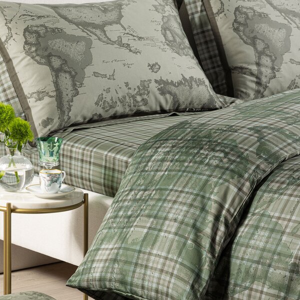 Completo Copripiumino MATRIMONIALE Geo Tartan Green UNICA Raso Di Cotone Caleffi