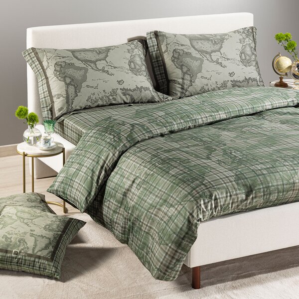 Completo Copripiumino MATRIMONIALE Geo Tartan Green UNICA Raso Di Cotone Caleffi
