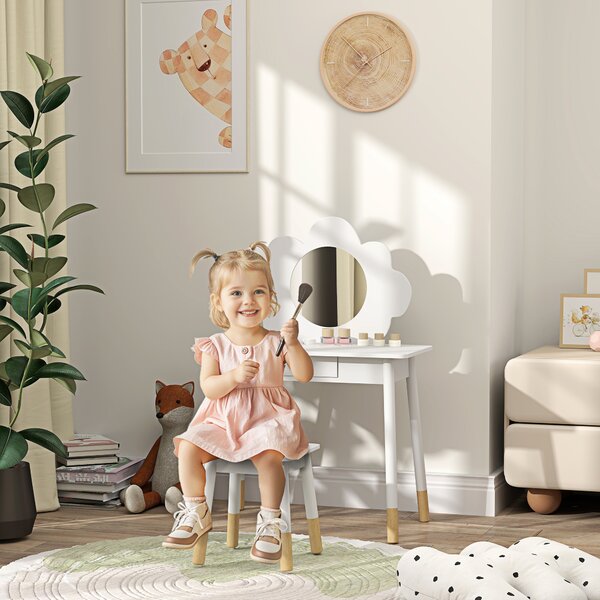 AIYAPLAY Set da Trucco per Bambine 3-6 Anni con Sgabello e Tavolo Toeletta con Specchio e Cassetto in Legno Bianco