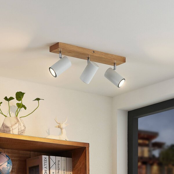 Faretto da soffitto Lindby Maniva, 44 cm, a 3 luci, bianco, GU10 Maniva Lindby, dimmerabile, Legno chiaro, Soggiorno / Sala da pranzo, Legno, Moderno, Faretto