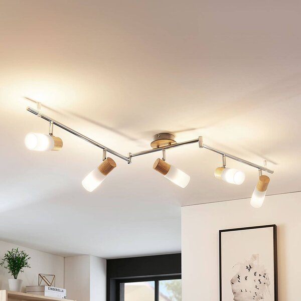 Lindby Faretto da soffitto Christoph, 130 cm, a 5 luci, legno, vetro Christoph Lindby, dimmerabile, Cromo / Argento, Camera da letto, Legno, Campagna / Rustiche, Faretto