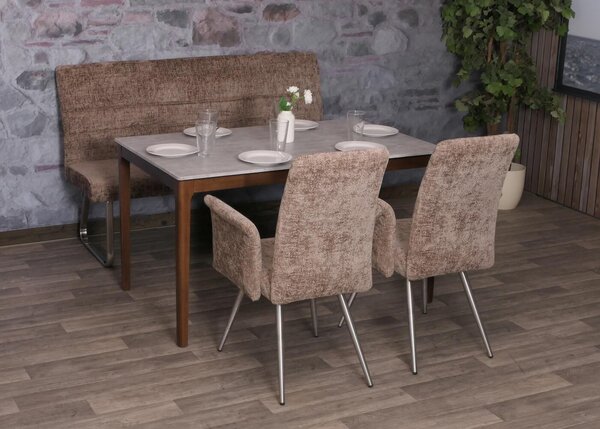 Set da pranzo HWC-G55, set di 2 sedie con braccioli + panca 160 cm, acciaio inox spazzolato tessuto/ceniglia tessile ~ marrone