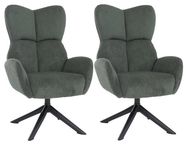 Set da 2 sedie da pranzo HWC-Q54, sedia relax, sedia lounge, sedia imbottita, girevole, in metallo con rivestimento in cord (320 g/m²) ~ verde