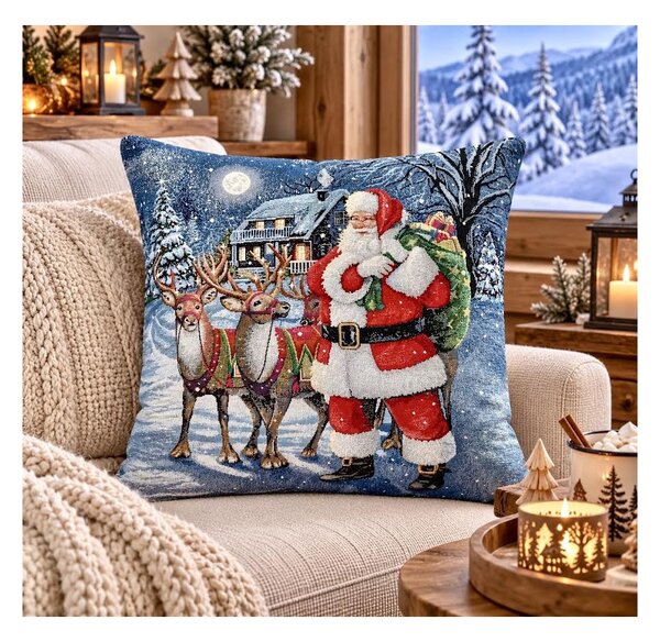 Federa cuscino gobelin natalizio con lurex - Babbo Natale con cervo
