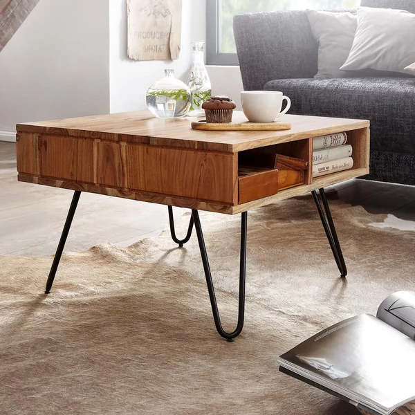 Tavolino Acacia in legno massiccio / metallo 60x40x60 cm quadrato | Wohnling