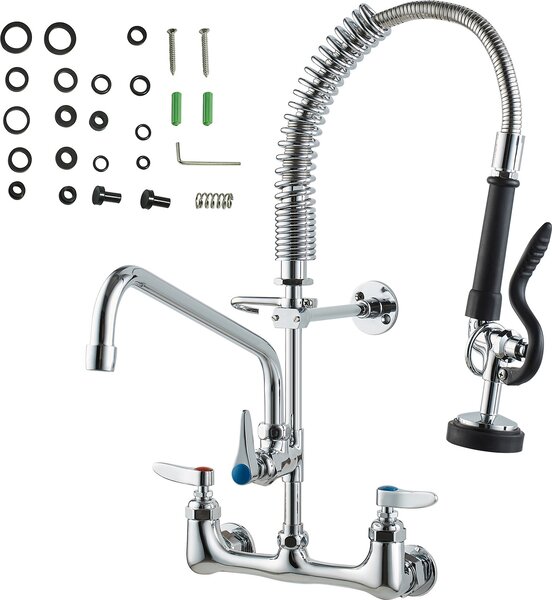 Rubinetto commerciale SucceBuy con doccetta prelavello, altezza 53,3 cm, centro 20,3 cm, bocca girevole 30,5 cm, rubinetto per lavello da parete, struttura in ottone con doccetta estraibile