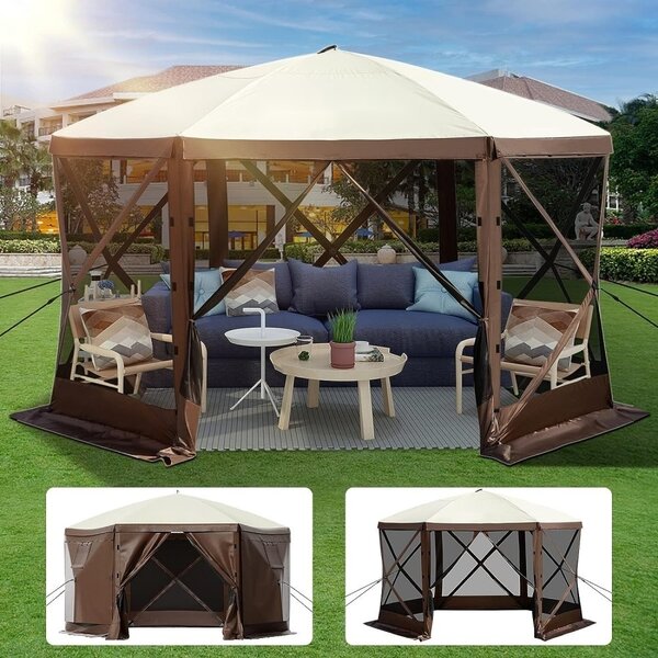 Gazebo pieghevole, 3,05 x 3,05 m, tenda pop-up da campeggio a 6 lati - Finestra in rete - Borsa per il trasporto - Picchetti per il terreno - Grande gazebo da giardino per il campeggio all'aperto, il prato e il giardino di casa