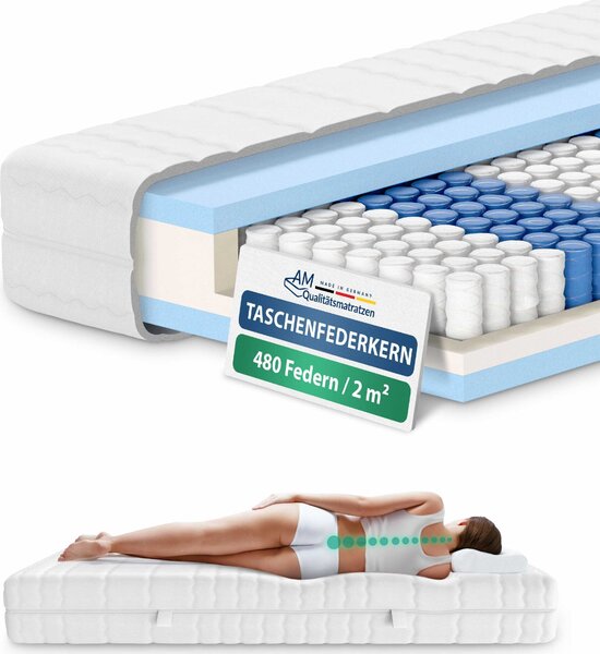 AM Qualitätsmatratzen | Materasso ergonomico a 7 zone a molle insacchettate | 90x200 cm | H3 | 90/200 | Materasso a molle | Grado di compattezza H3 | 7 zone | 20 cm di altezza