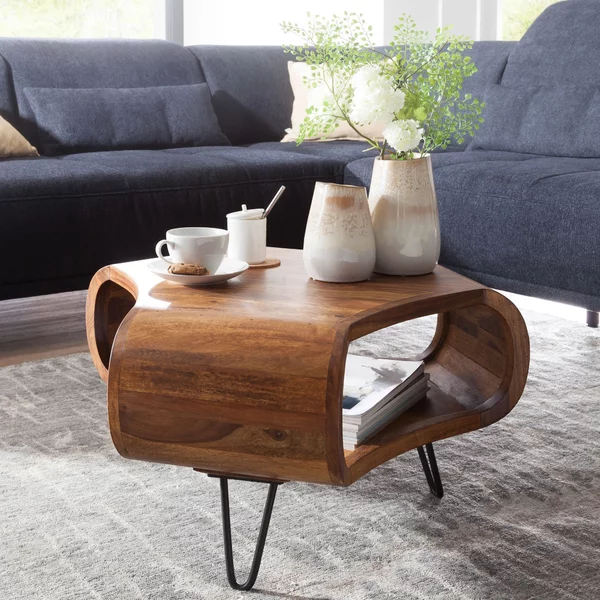 FineBuy tavolino da salotto in legno massiccio di sheesham con ripiano e gambe in metallo | design retrò fatto a mano oggetto unico in legno massiccio