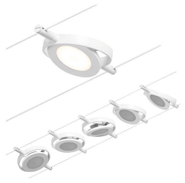 Paulmann Sistema di illuminazione LED a funi Wire RoundMac 5 luci, bianco, Bianco / Opale, Corridoio, Metallo, Moderno, Sistema di illuminazione a funi