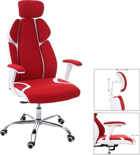 Sedia da ufficio HWC-F12, sedia da scrivania girevole sedia executive, funzione scorrevole tessuto/tessuto + Pelle finta ~ rosso/bianco