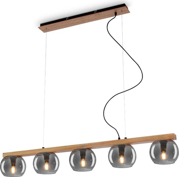 Lampada a sospensione, con legno, vetro fumé, 5xE14/max.1
