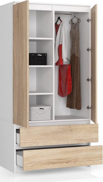 BDW, armadio 2 ante, 2 cassetti, 180x90x51 cm, bianco/rovere Sonoma