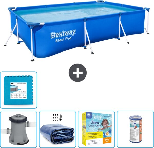 Piscina Bestway Pro rettangolare in acciaio - 300 x 201 x 66 cm - blu - pompa inclusa - tenda da sole - pacchetto manutenzione - filtro - pavimento in piastrelle