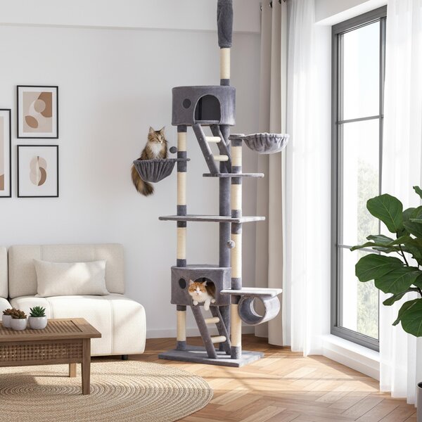 Belviona XXL tiragraffi con tenditore a soffitto, perfetto per il gioco e la cura degli artigli, altezza 230-250 cm, grigio chiaro