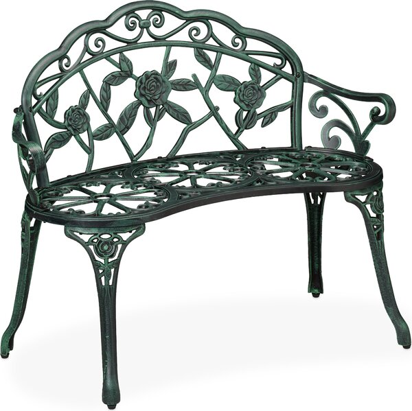 Panchina da giardino Relaxdays, a 2 posti, per terrazza o balcone, in alluminio e ghisa, A x L x P: 79 x 99 x 56 cm, panca, nero/verde