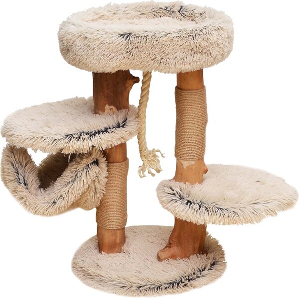 Tiragraffi Fudajo in legno e peluche alto 87,5 cm, tiragraffi di design per gatti in legno di pero, albero per gatti con amaca, mobili per gatti con lettino