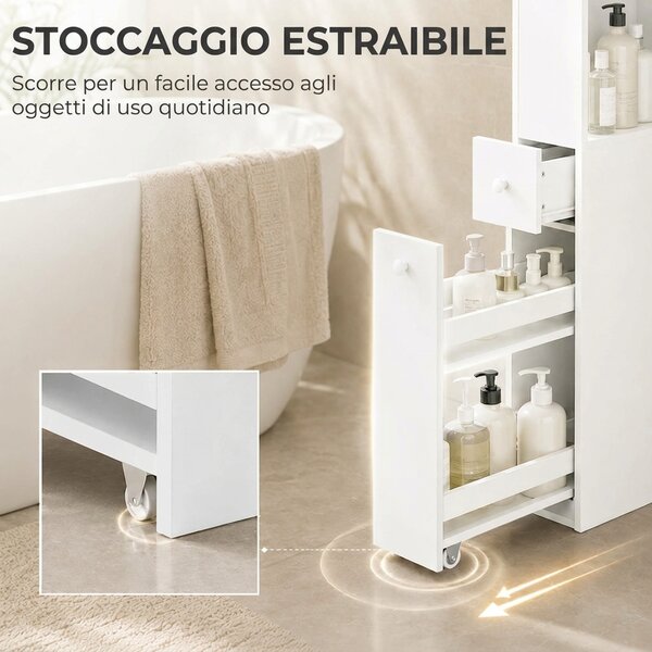 HOMCOM Mobiletto da Bagno Slim Salvaspazio con Ruote e Cassetto, Bianco | Aosom Italy