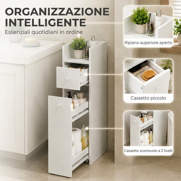 HOMCOM Mobiletto Bagno Salvaspazio, 3 Livelli con Cassetti e Ruote, Bianco | Aosom Italy
