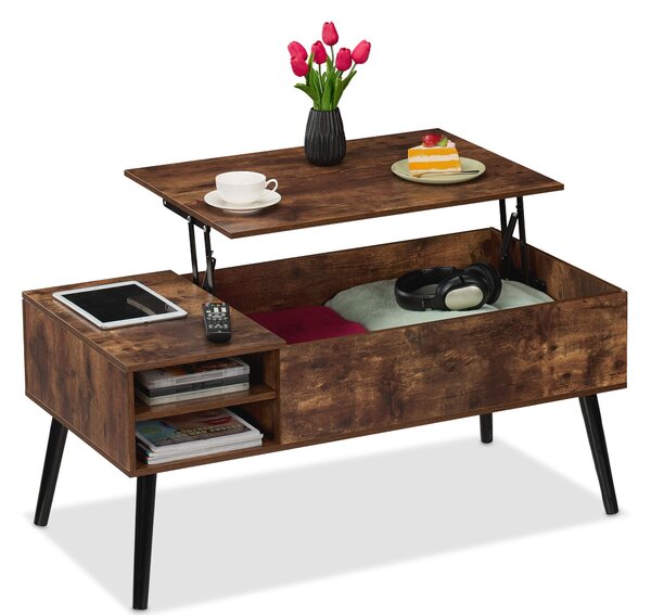 Tavolino da salotto ribaltabile Relaxdays, LxPxA: 46x100x50 cm, 2 vani laterali, tavolino da salotto con spazio contenitivo, stile industriale, marrone