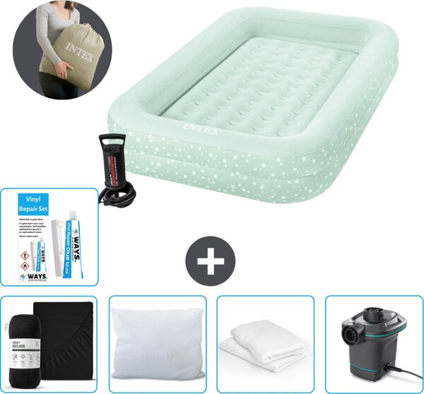 Materasso gonfiabile Intex Kidz - 1 persona - 107 x 168 x 25 cm - Verde menta - Comprensivo di pompa - lenzuolo di montaggio - bacio - pompa - set di riparazione e protezione per cuscino