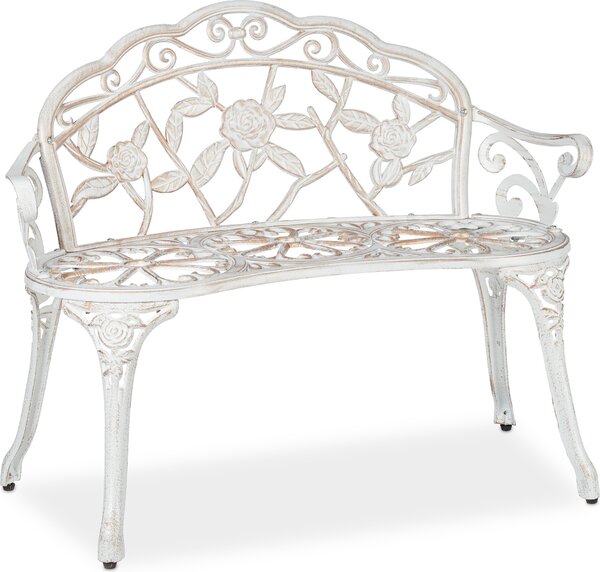 Panchina da giardino Relaxdays, a 2 posti, con motivo a rose, per terrazza o balcone, in alluminio e ghisa, stile antico, 78 x 98 x 57 cm, bianco/bronzo