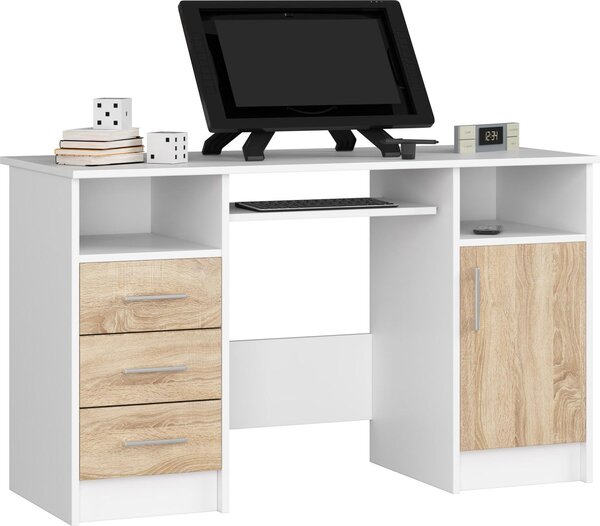 Scrivania ANA bianca e in legno Sonoma elegante e funzionale con 3 cassetti e ripiano estraibile per tastiera