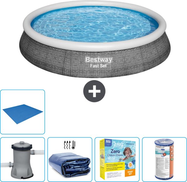 Piscina gonfiabile rotonda Bestway a presa rapida - stampa rattan - 396 x 84 cm - incluso telo pompa - pacchetto manutenzione - filtro - telo di protezione