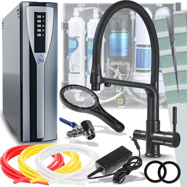 Rubinetto da cucina a 3 vie Ari Flexible con doccetta estraibile, canna girevole 360 gradi, nero opaco, valvola in Vetroceramica per filtro acqua