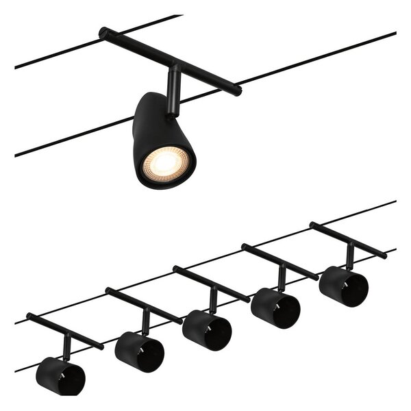 Paulmann Cup funi set base 5 luci nero satinato, Nero, Corridoio, Metallo, Moderno, Sistema di illuminazione a funi