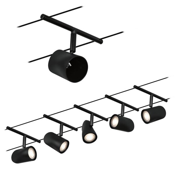 Paulmann Cup funi set base 5 luci nero satinato, Nero, Corridoio, Metallo, Moderno, Sistema di illuminazione a funi