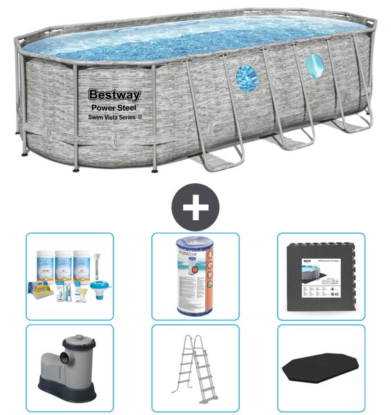 Piscina Bestway Oval Power Steel Swim Vista - stampa su pietra - 549 x 274 x 122 - inclusa pompa - scala - copertura pacchetto manutenzione - filtro - pavimento in piastrelle