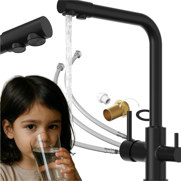 Granitan | Miscelatore da cucina Flow - 3 vie - Nero - Con filtro - Bocca orientabile - Ingombro ridotto