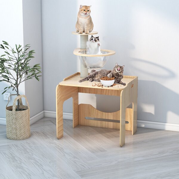 Tiragraffi Gliese Albero moderno in legno per gatti, 110 cm Stabile tiragraffi per gatti, arredamento per gatti con piattaforme a capsula spaziale in acrilico per gatti da interno