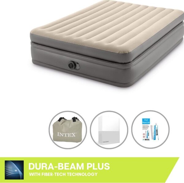 Letto ad aria Intex - 2 persone - 152 x 203 x 51 cm - Grigio - Con pompa incorporata, lenzuola bianche e set di riparazione